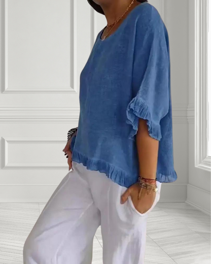 Casual Wide Neck Ruffle Shirt