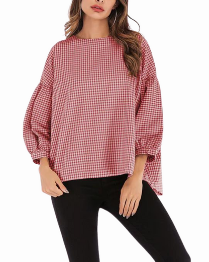 Wide Neck Casual Plaid Blouse